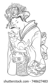 Hand drawn geisha girl and kitten.Japanese women in kimono with her cat.Traditional tattoo style.line art and doodle vector.