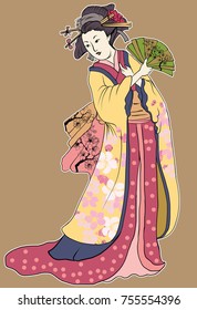 Hand drawn geisha women hold fan.Japanese women in kimono with cherry blossom.Traditional Japanese tattoo style.colorful art and doodle vector.