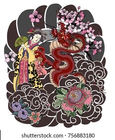 Hand drawn geisha women hold fan.Japanese women in kimono with cherry blossom and Dragon.Traditional Japanese tattoo style.colorful art and doodle vector.