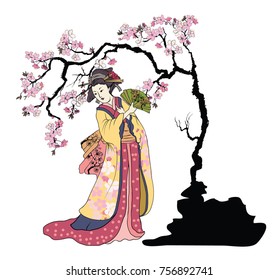 Hand drawn geisha women hold fan.Japanese women in kimono with cherry blossom.Traditional Japanese tattoo style.colorful art and doodle vector.women in kimono with Sakura tree.