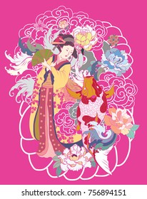 Hand drawn geisha women hold fan.Japanese women in kimono with cherry blossom and koi carp.Traditional Japanese tattoo style.colorful art and doodle vector.