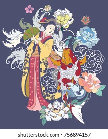 Hand drawn geisha women hold fan.Japanese women in kimono with cherry blossom and koi carp.Traditional Japanese tattoo style.colorful art and doodle vector.