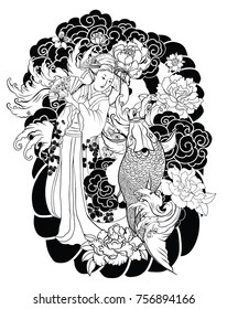 Hand drawn geisha women hold fan.Japanese women in kimono with cherry blossom and koi carp.Traditional Japanese tattoo style.colorful art and doodle vector.