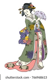 Hand drawn geisha women hold fan.Japanese women in kimono with cherry blossom.Traditional Japanese tattoo style.colorful art and doodle vector.