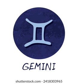 Hand drawn gemini zodiac sign in blue round frame Astrology doodle clipart Element for design