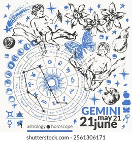 Hand drawn gemini zodiac sign illustration, horoscope background with astrology symbols and talismans.
Zodiac wheel, planets, sun, moon, star constellations.