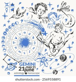 Hand drawn gemini zodiac sign illustration, horoscope background with astrology symbols and talismans.
Zodiac wheel, planets, sun, moon, star constellations.