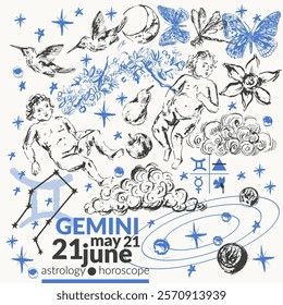 Hand drawn gemini zodiac sign illustration, horoscope background with astrology symbols and talismans.
Air element, planets, sun, moon, star constellations.