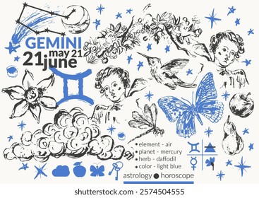 Hand drawn gemini zodiac sign illustration, horoscope background with astrology symbols and talismans.
Air element, planets, sun, moon, star constellations.