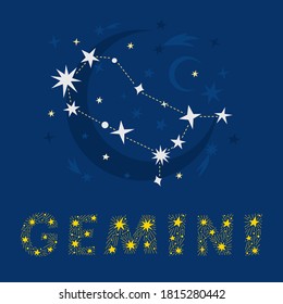 Hand drawn Gemini zodiac star constellation design with decorative lettering. Abstract starry map of night sky with blue background. Vector isolated illustration for posters, prints, birthday cards