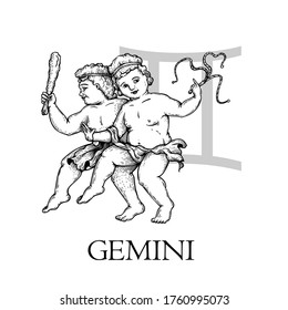 Hand drawn Gemini. Zodiac symbol in vintage gravure or sketch style. Young boys seminude, wearing toga. Retro astrology constellation mysterious illustration isolated on white.