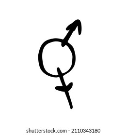 Hand drawn gender symbols. Sketch of male and female signs in doodle style. Vector illustration about sex differences and relationship, gender role