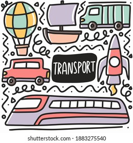 hand drawn general transport doodle set with icons and design elements