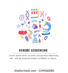 Hand drawn genome sequencing concept. Human dna research technology symbols. Nano technology elements made in vector. Human genome project.
