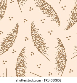 Hand drawn gentle calm simple floral vector seamless pattern in pastel colors. Beige inflorescences of panicles of pampas grass on a light pink background. For printed fabrics, textiles, boho decor.