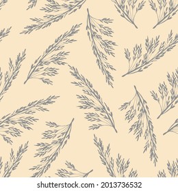 Hand drawn gentle calm simple floral vector seamless pattern in pastel colors. Gray inflorescences of panicles of pampas grass on a light pink background. For printed fabrics, textiles, boho decor.