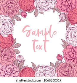 Hand drawn gentle pink vector peony flowers frame