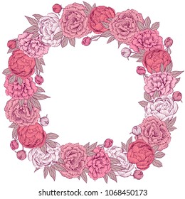 Hand drawn gentle pink vector peony flowers wreath