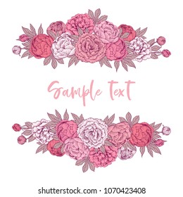 Hand drawn gentle pink vector peony flowers frame