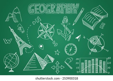 Hand drawn Geography set. Chalk on the blackboard 