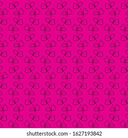 hand drawn geomatric seamless pattern with decorative wavy stem. pink colour heart shaped flower or leaves. vector illustration.