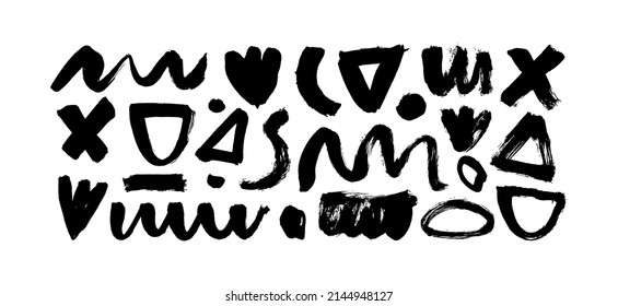 Hand drawn geometric bold brush strokes. Black ink stains, curved and wavy lines with grunge circles, triangles and crosses. Vector shapes with grunge texture. Messy doodles, lines in Memphis style