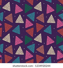 Hand drawn geometric colorful abstract seamless pattern. Feminine drawing multicolor trendy vector illustration.