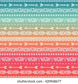 Hand drawn geometric ethnic tribal seamless pattern. Wrapping paper. Scrapbook. Doodles style. Tribal native vector illustration. Aztec background. Ink graphic texture for design. Boho stripes