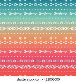 Hand drawn geometric ethnic tribal seamless pattern. Wrapping paper. Scrapbook. Doodles style. Tribal native vector illustration. Aztec background. Ink graphic texture for design. Boho stripes