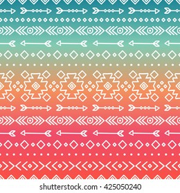 Hand drawn geometric ethnic tribal seamless pattern. Wrapping paper. Scrapbook. Doodles style. Tribal native vector illustration. Aztec background. Ink graphic texture for design. Boho stripes