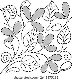 Hand Drawn Geometric Flowers with Leaves and Swirls in dotted Flat style, Vintage Floral Vector Illustration, Dashed Line floral Embroidery Design Element Black Geometric Floral  Vector illustration