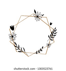 Hand drawn geometric frame illustration. Vector floral lurel wreath with flowers, branches and leaves. Good for wedding invitations, postcards, greeting cards and more