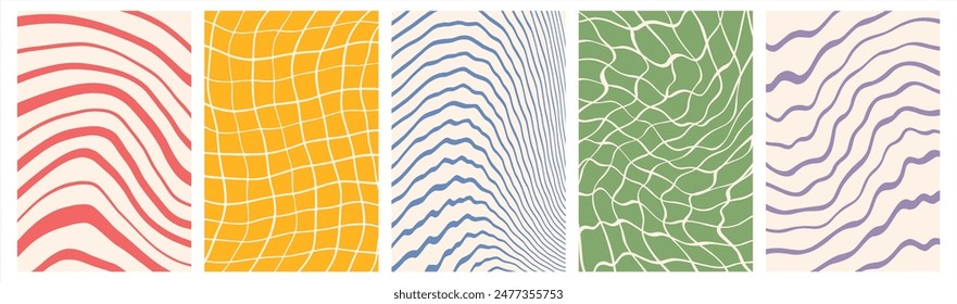 Conjunto de fondos magníficos de funky geométrico dibujado a mano. Cheque distorsionado, patrones de malla, rayas curvas desiguales, rayas alabeadas, barras, líneas fluidas, garabatear ondas artísticas. Colección de Plantillas rectangulares.