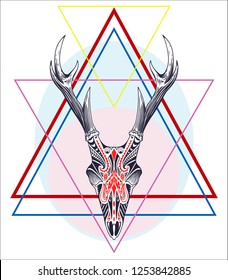 Hand drawn geometric label with deer skull with antlers textured vector illustration.