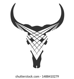 Hand drawn geometric label with deer skull with antlers textured vector illustration.
