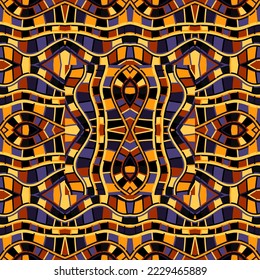 Hand drawn geometric lines tile ornament. Abstract kaleidoscope mosaic seamless pattern. Vintage line wallpaper. Retro style. For fabric, textile print, wrapping paper, cover. Vector illustration