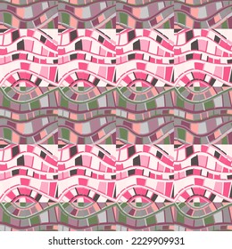 Hand drawn geometric lines tile ornament. Abstract kaleidoscope mosaic seamless pattern. Vintage line wallpaper. Retro style. For fabric, textile print, wrapping paper, cover. Vector illustration