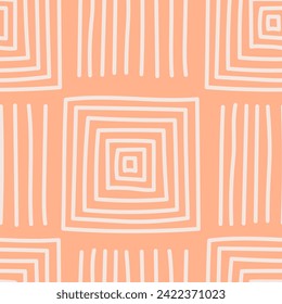 Hand drawn geometric orange seamless pattern. Abstract peach fuzz colored modern background with checkered line shapes. Modern Plaid texture. Repeat vector illustration for cover, wallpaper, fabric