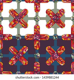 Hand drawn geometric ornament vector seamless pattern. Abstract geometry crosses background. Bright colors texture in modern style for surface design, textile, wrapping paper, wallpaper, fabric.