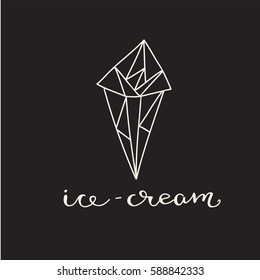Hand drawn geometric outline of an ice-cream with calligraphy "Ice-cream". Trendy hipster logo. Vector line illustration on a dark background.