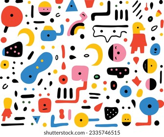 hand drawn geometric pattern with different colored shapes, in the style of minimalist cartooning, graphic black outlines, toycore, whimsical minimalism, colorful figures
