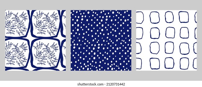 Modalidades de color azul abstracto de líneas geométricas sin fisuras a mano. Colección vectorial de papel, tela, libro, cocina, azulejos.