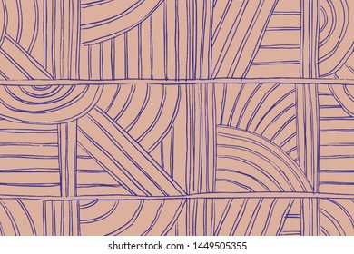 Hand drawn geometric seamless pattern. Abstract background with horizontal, diagonal and vertical lines, semicircles. Graphic illustration. 