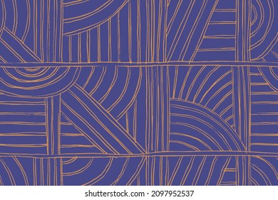 Hand drawn geometric seamless pattern. Abstract background with horizontal, diagonal and vertical lines, semicircles. Graphic illustration. 