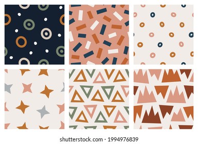 Hand drawn geometric seamless patterns in earthy colors. Set of abstract modern repeatable backgrounds for wrapping paper, textile and prints. Contemporary vector ornament with geometrical shapes