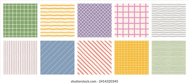 Hand drawn geometric seamless regular patterns set, collection. Doodle, uneven artistic lines, straight and diagonal pinstripes, stripes, bars, streaks, waves. Check, plaid, striped square backgrounds