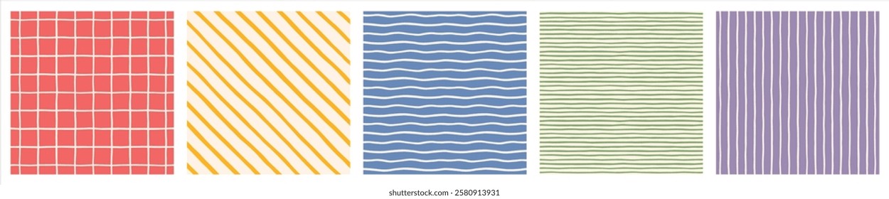 Hand drawn geometric seamless regular patterns set, collection. Doodle, uneven artistic lines, straight and diagonal pinstripes, stripes, bars, streaks, waves. Check, plaid, striped square backgrounds