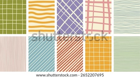 Hand drawn geometric seamless regular patterns set, collection. Doodle, uneven artistic lines, straight and diagonal pinstripes, stripes, bars, streaks, waves. Check, plaid, striped square backgrounds
