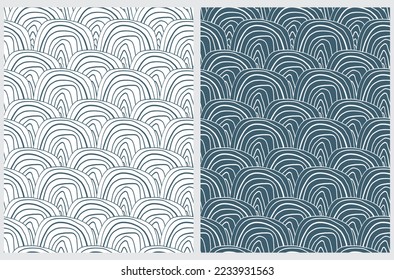 Hand Drawn Geometric Seamless Vector Pattern Set. Irregular Brush Arcs on a White and Dark Pale Blue Background. Cute Simple Abstract Doodle Repeatable Print ideal for Fabric, Textile, Wrapping Paper.