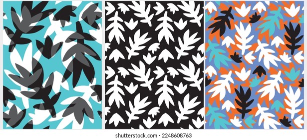 Patrones de vectores Geométricos sin soldadura de mano. Hojas blancas y negras sobre fondo azul, negro y naranja. Simple Resumen Impresión repetible con pelucas y hojas ideal para el tejido, envolver papel.